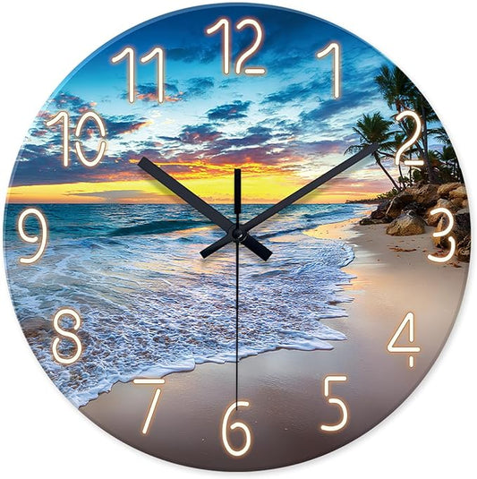 Glass Beach Wall Clock for Living Room Large Clocks for Walls Non Ticking Wall Clock Battery Operated 20 Inch