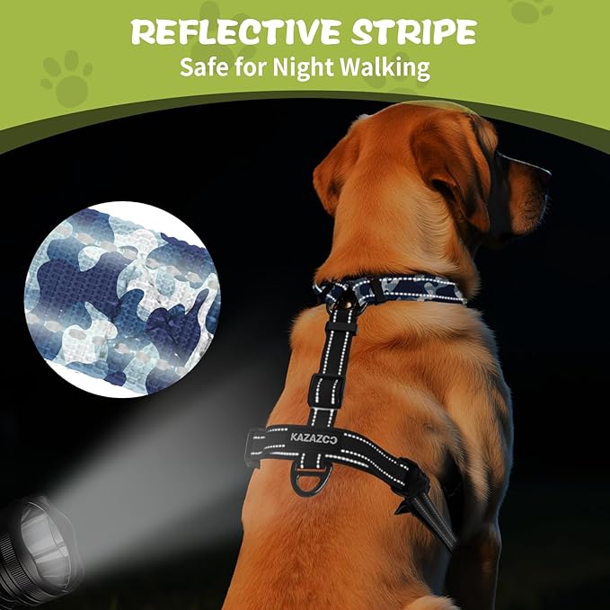 No-Pull Harness,Y-Shaped Design,Buckle-Neck Balance Harness with Reflective Stitching, Ideal for Dog Training and Night Walking, Padded Handle, Durable High-Tensile Nylon-Blue Camo-M