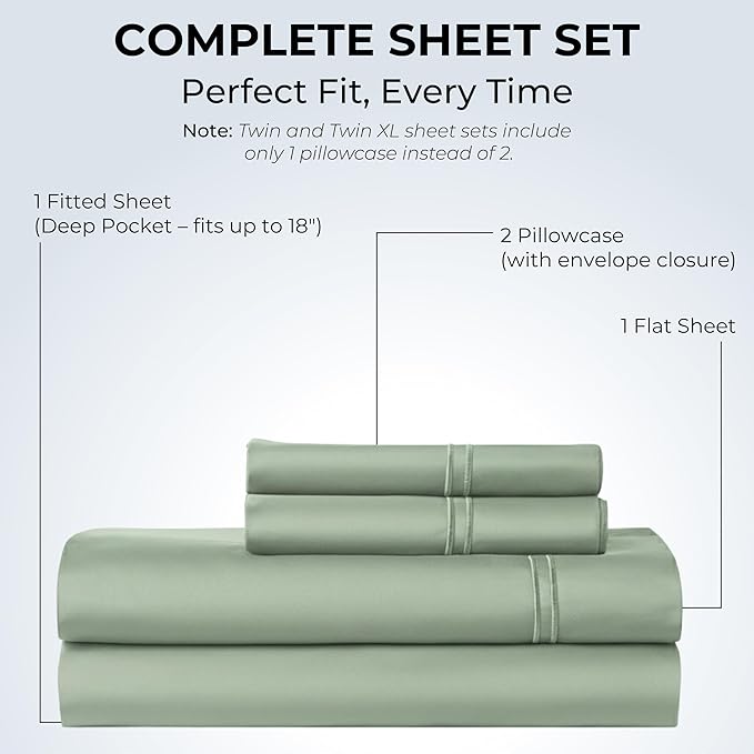 100% Natural Cotton Bed Sheets | 500 TC Single-Ply Sateen Weave Full Size Sheets | Soft, Breathable, Hypoallergenic Solid 4-Piece Bedding with Deep Pocket Fitted, Flat, Pillowcase | Sage