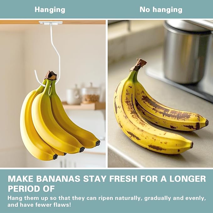 Banana Hanger Hook – Space Saving Banana Holder Hanger to Keep Bananas Fresh, Self Adhesive and Screw Banana Hook 1Pack White