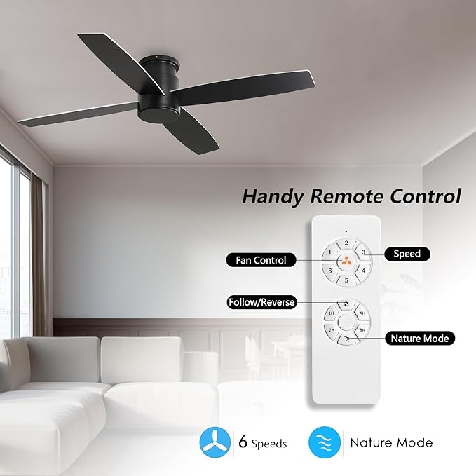 WINGBO 52" Flush Mount DC Ceiling Fan without Lights, 4 Reversible Blades, Ultra Quiet 6-Speed DC Motor, Hugger Low Profile Indoor Ceiling Fan No Lights, Matte Black Finish