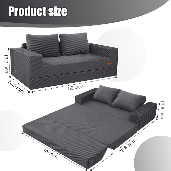 COMAX Convertible Sofa Bed Queen, Corduroy Folding Floor Couch Pull Out Couch Bed Futon Sleeper with Pillows, Fold Out Boneless Sofa Comfy Lounge Mattress Loveseat for Living Room Bedroom, Grey