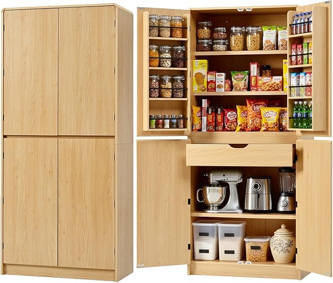 Merax 72" Tall Farmhouse Kitchen Pantry Cabinet with 8 Door Shelves, Curved Design Storage Cabinet with 3 Adjustable Shelves, Hidden Drawer, Versatile Cupboard for Kitchen, Dining & Bathroom, Natural