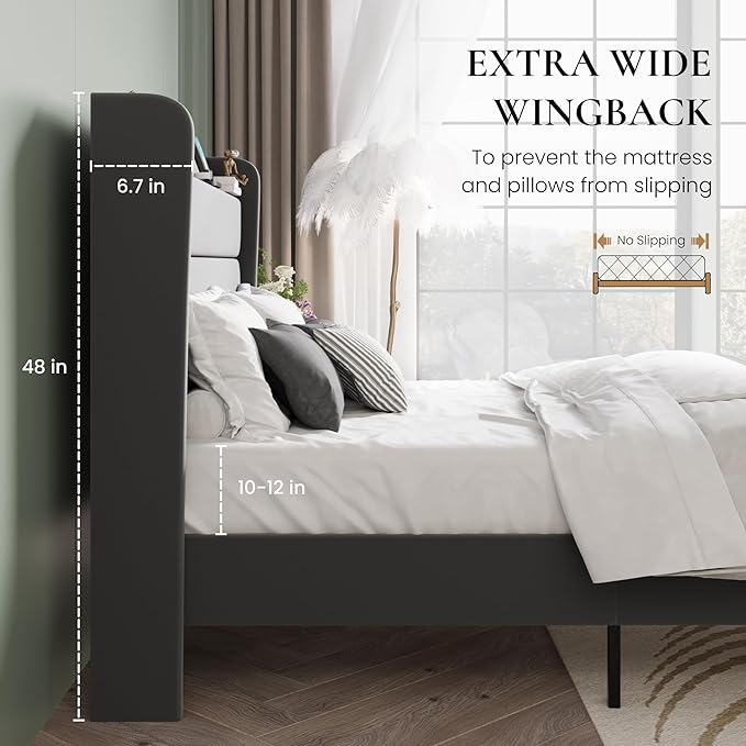 SHA CERLIN Full Size Bed Frame with Charging Station, Velvet Upholstered Platform Bed, Wingback Storage Headboard, Type-C & USB Ports, Strong Wooden Slats, No Box Spring Needed, Easy Assembly, Grey