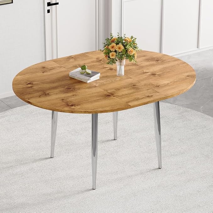 42" Round Dining Table for 4, 54" Oval Dining Table for 6, Extendable Kitchen & Dining Room Table with Metal Legs, Modern Rustic Space-Saving Adjustable Shape Dinner Table, Easy Assembly,Oak