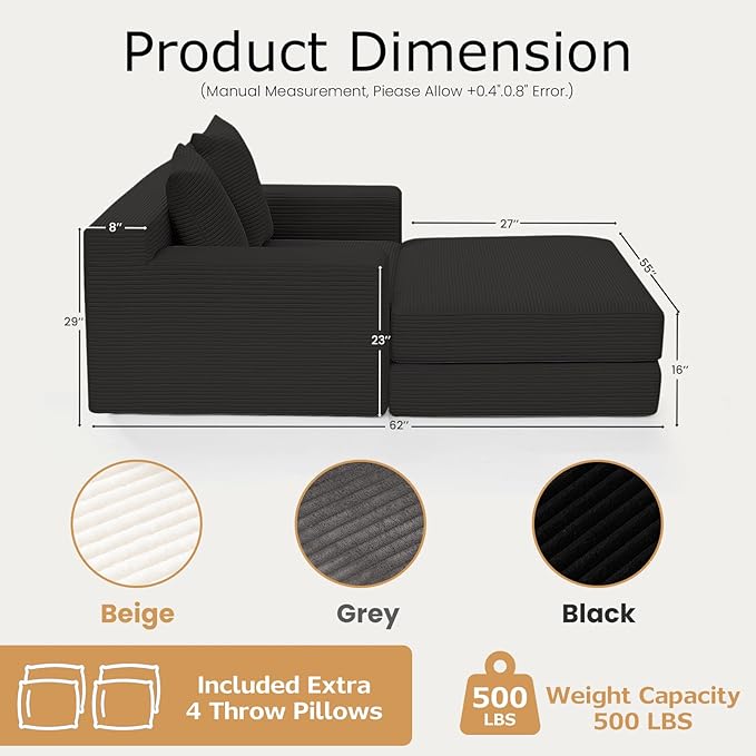 Convertible Futon Sofa Bed with Ottoman, 5 in 1 Folding Couch Bed Loveseat Sleeper, Corduroy Boneless Couch with Deep Seat for Living Room Chaise Lounge Chair Indoor, No Assembly Required, Black