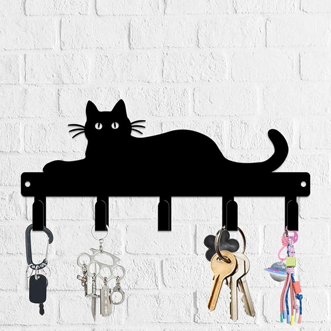 magilab Cat-Themed 10-Inch Iron Key Hooks with 5 Hooks, Black Wall Organizer - Cute Cat Design for Home Decor, No Drill & Screw-in Options (Style L)