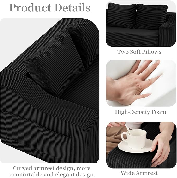 MeMoreCool Convertible Sofa Bed, Pull Out Loveseat Sofa Sleeper Couch for Bedroom Living Room Lounge, 2 in 1 Small Couch Bed with Pillow, Foldable Love Seat Futon Corduroy Black