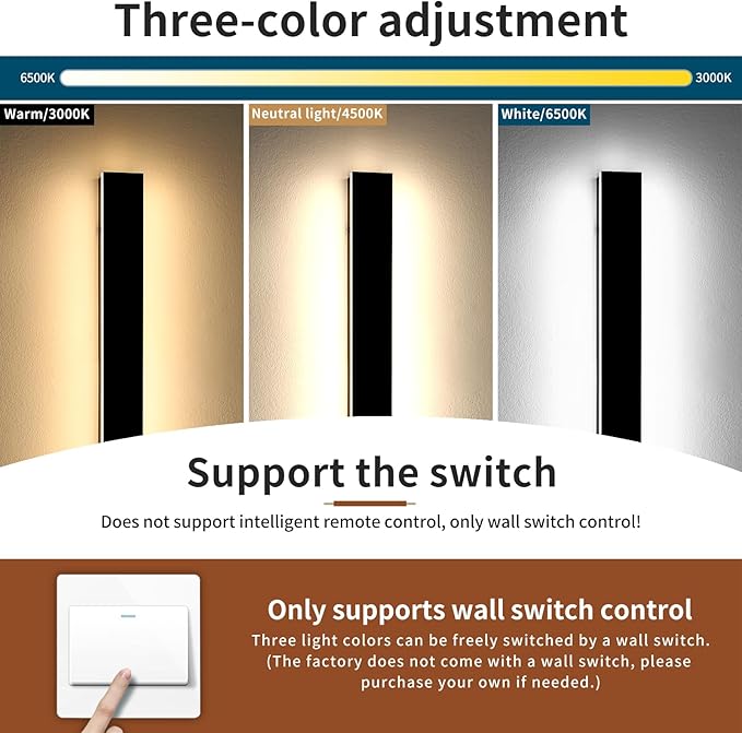 2 Pack 47.2inch Modern Outdoor Wall Light Fixture, IP65 Waterproof LED Wall Mounted Sconce, 3 Color 3000K/4500K/6000K, 42W, Black Exterior Lighting for House, Backyard, Garden, Garage