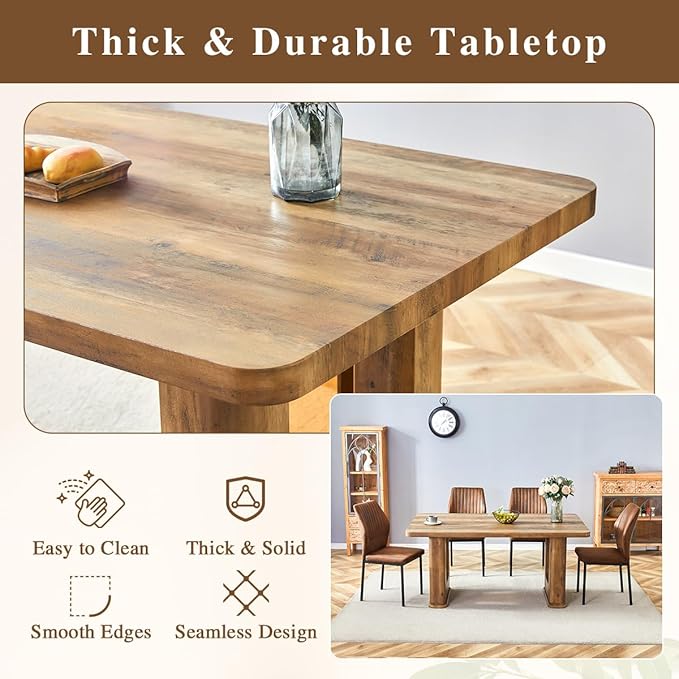 Dining Room Table for 6 - Wooden Dining Table with 1.7-Inch Thick Seamless Tabletop and Dual Pedestal Base,64.5'' Farmhouse Dining Table Ideal for Kitchen,Home Office(Easy to Assemble)