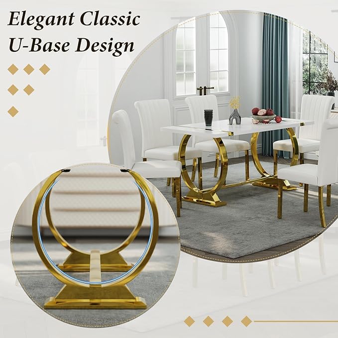 Asday Modern Dining Table with Gold Stainless Steel Metal U-Base in White Gold