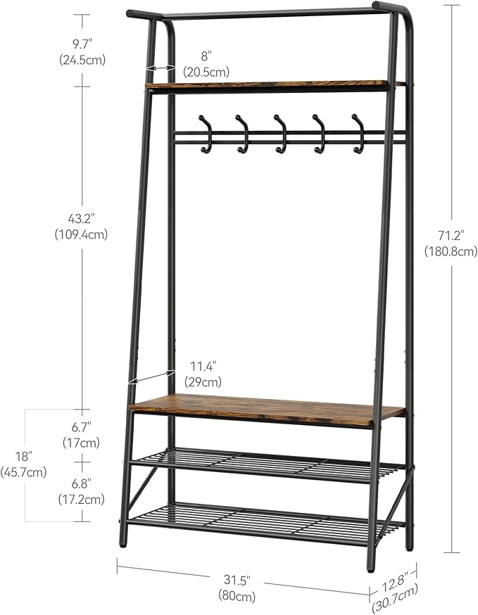 MDF Hall Tree with Bench, 4-in-1 Entryway Coat Rack with Storage Shelf & Shoe Organizer, Sturdy Freestanding Furniture for Living Room, Bedroom, Mudroom