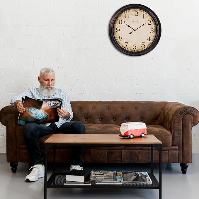 24 Inch Wall Clock Battery Operated Silent Round Vintage Large Wall Clocks for Living Room Farmhouse Decor, Black-Brown