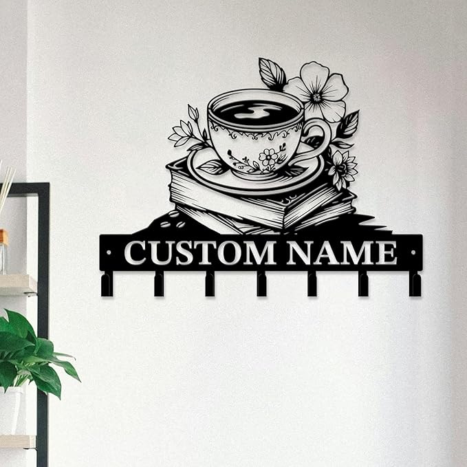Coffee Bar Keys Holder - Metal Iron Wall Hooks with Custom Name | Personalized Home Decor & Gift Idea | Coffee-Themed Text Engraving Design (Style C)
