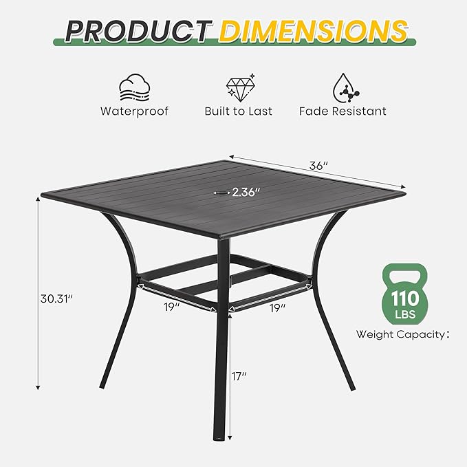 LVUYOYO Outdoor Patio Dining Table, Metal Square Table with Umbrella Hole, All-Weather Furniture for Backyard, Garden,Balcony,Porch (Black)