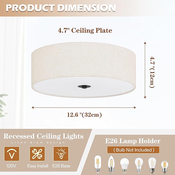 12.6 Inch Flush Mount Ceiling Light 2-Light Drum Modern Black Light Fixture Ceiling Light Fixture Close to Ceiling Light Fixture with Fabric Shade for Living Room Hallway Entryway Kitchen Bedroom