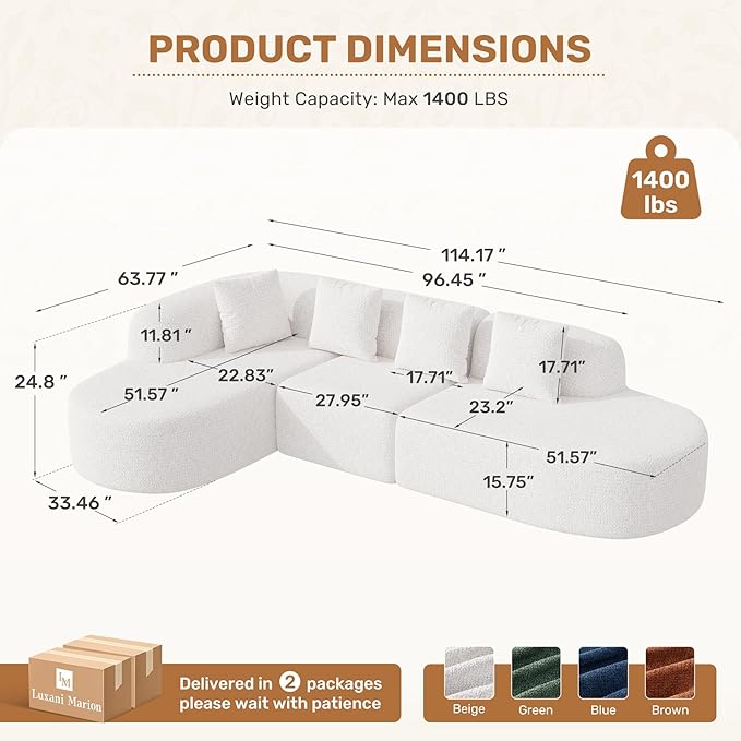 114 Inch Boneless Couches for Living Room,Modern Modular Sectional Sofa with Chaise,L-Shape Cloud Sectional Couch,No Assembly Required,Beige