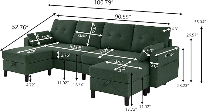 101" Convertible Sectional Sofa, Modern Linen Fabric U-Shaped Couch with 2 Storage Ottomans and Storage Pocket, 4 Seat Sofa Couches for Living Room, Apartment, Office, Green