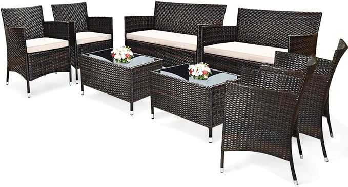 Tangkula 8 PCS Patio Rattan Conversation Set, Outdoor Wicker Furniture Set with Tempered Glass Coffee Table &Thick Cushion, Rattan Chair Wicker Set for Garden, Lawn, Poolside and Backyard (2, Brown)
