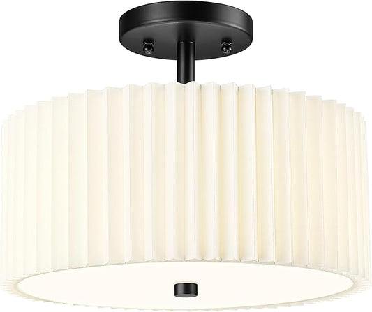 Semi Flush Mount Ceiling Light, 3-Light 12.5" Matte Black Ceiling Light Fixture with White Pleated Fabric Shade, Drum Lamp for Nursery Hallway Bedroom Kitchen, AD-25036-3SF-BK