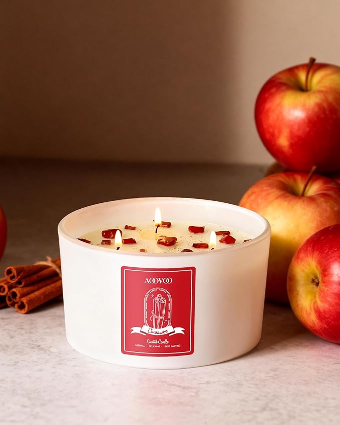 AOOVOO Apple Cinnamon Scented Candles for Women - 20oz 3 Wick Soy Candles for Home Scented, Aromatherapy Candle with Crystals Inside, Birthday Gifts Christmas Candle for Women Mom