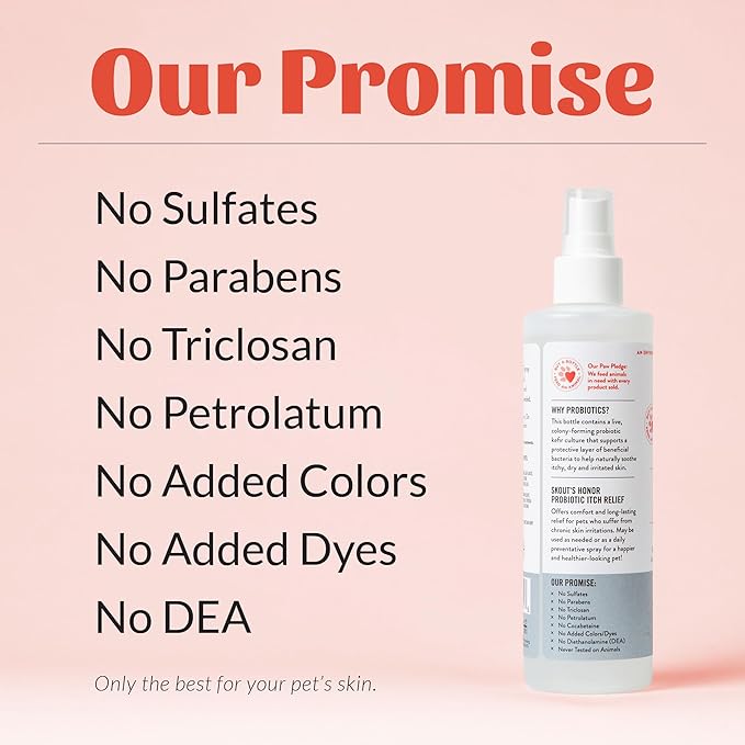 SKOUT'S HONOR Probiotic Itch Relief Spray for Pets - Non-Medicated, Fragrance-Free, Natural, Vegan, Long-Lasting Relief, with Soothing Aloe & Avocado Oil, 8 oz