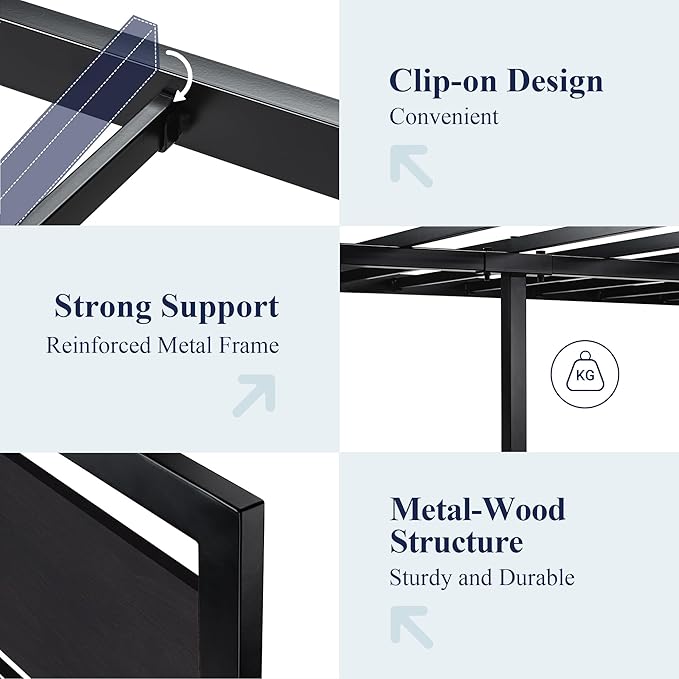 Allewie Queen Bed Frame with Headboard, Heavy Duty Metal Platform Base with Strong Support, Underneath Storage Space, Stable Mattress Foundation, No Box Spring Needed, Black