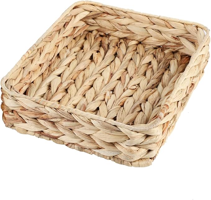Water Hyacinth Woven Serving Tray Rectangular Hand-Woven Wicker Storage Trays for Coffee/Breakfast/Dessert/Fruit/Bread (Original Color - Small)