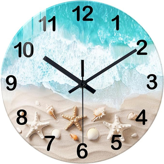 XNM Modern Coastal Wall Clocks Battery Operated 12 Inch Round Blue Beach Clock for Bathroom Silent Wall Clock Non Ticking