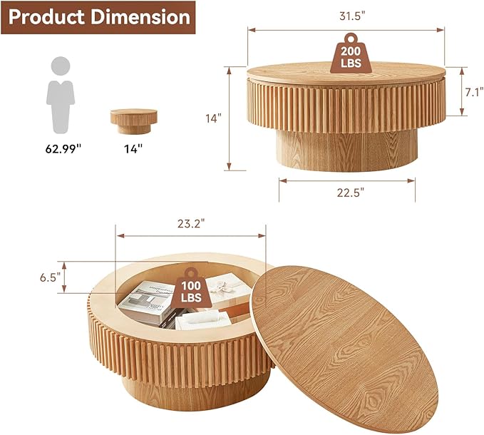 Round Coffee Table for Living Room,Fluted Drum Accent Tea Center Table with Storage,Circle Modern Coffee Tables for Small Space Office Apartment (31.5" L×31.5''W×14''H-Natural)