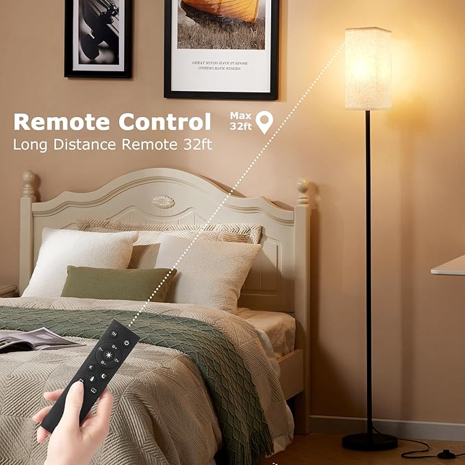 Ambimall 64'' Modern Floor Lamp with Remote, Tall Lamps for Living Room, Bedroom, Office, Dining Room, Beige Square Shade with Black Pole(Included Bulb)