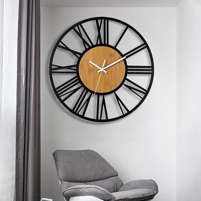 1st owned Wall Clocks for Living Room Decor,24" Vintage,Round Silent Non Ticking,Black Metal,Modern Wood Clocks for Home Bedroom,Kitchen,Garden,Office,Cafe,Modern Wall Decoration -Roman Numerals
