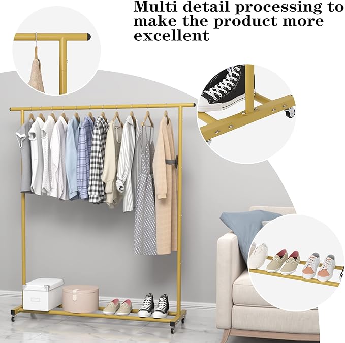 Buzowruil Metal Rolling Clothing Rack Adjustable Freestanding Garment Organizer with Wheels, Space-Saving Design for Home, Closet, Office, or Retail, Gold