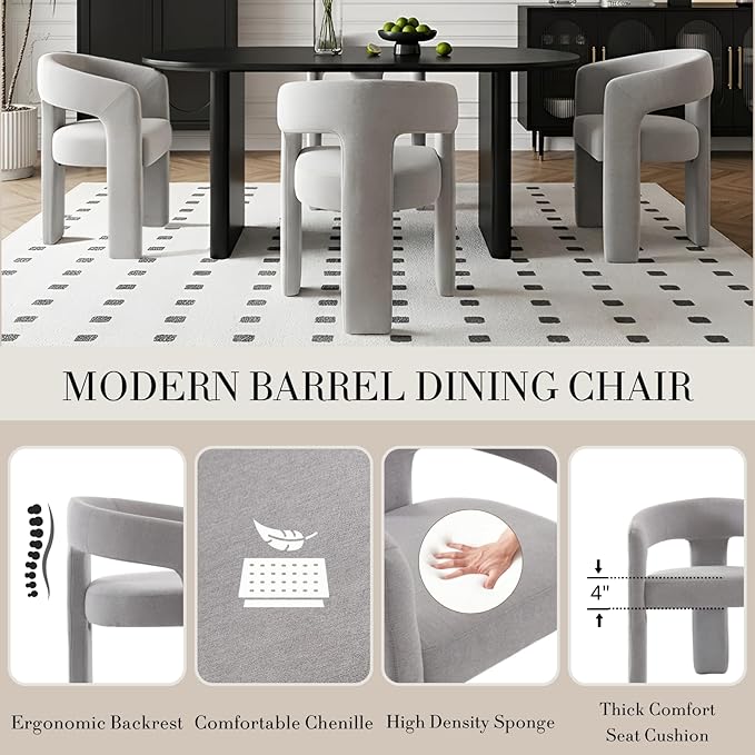 Modern Chenille Dining Chairs Set of 6, Upholstered Barrel Chairs with Arms Comfy Accent Side Chairs for Living Room/Dining Room/Reception, Grey