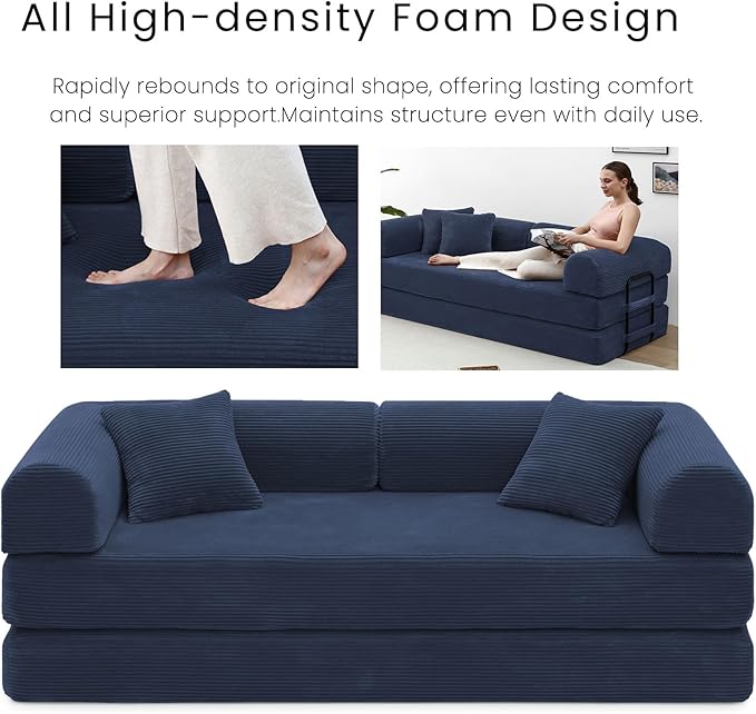 Compression Sofa - 79'' Convertible Sofa Bed, Boneless Couch in a Box, Modular Corduroy Foldable Sleeper Sofa with 2 Pillows, Loveseat Couches for Living Room (Corduroy Fabric, Blue)