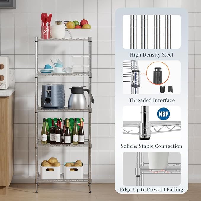 BestOffice 5-Shelf Storage Shelves, Adjustable Shelving Unit Wire Shelving Metal Shelves,11.8" D x 16.7" W x 47.6" H,Chrome