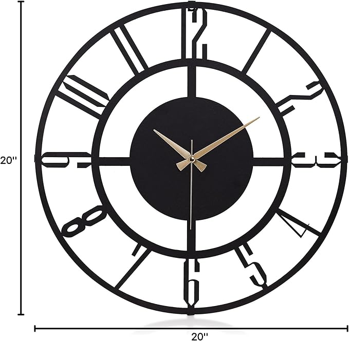 Large Metal Wall Clock | 20 inch Size Silent Battery Operated Large Size Analog Black Wall Clocks | Modern Wall Decor for Living Room Bedroom Kitchen Home Office