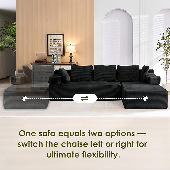105" L-Shaped Modular Sectional Sofa with L-Shaped Boneless Couch, Cloud Couches for Living Room with Removable Arms, Convert Left/Right Facing, Plush Corduroy, No Assembly, Black