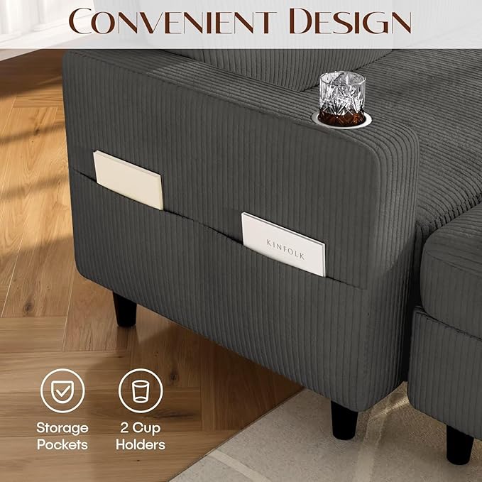 Sectional Couches for Living Room, L Shaped Couch with 2 Cup Holders, Small Sofa Corduroy Couch with Storage Ottoman, Modern 3 Seater Convertible Sofa for Apartment, Office, Dark Grey