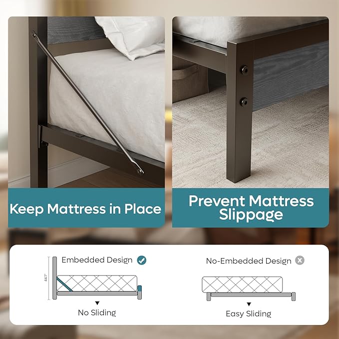 Bestier Queen Bed Frame with Storage Headboard and Charging Station, Grey Platform Bed Frame with LED Light, Non-Slip Metal Bed Frame, Noise-Free, Easy Assembly