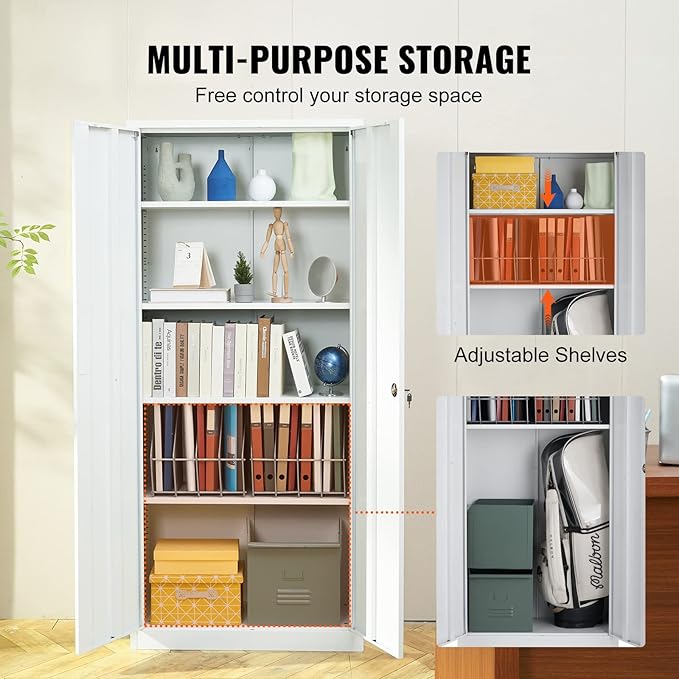 VEVOR Metal Storage Cabinet, Steel Locking Storage Cabinet with 2 Magnetic Doors and 4 Adjustable Shelves, 71'' Metal Cabinet 200 lbs Capacity per Shelf with 3 Keys, for Garage, Office, Home, White