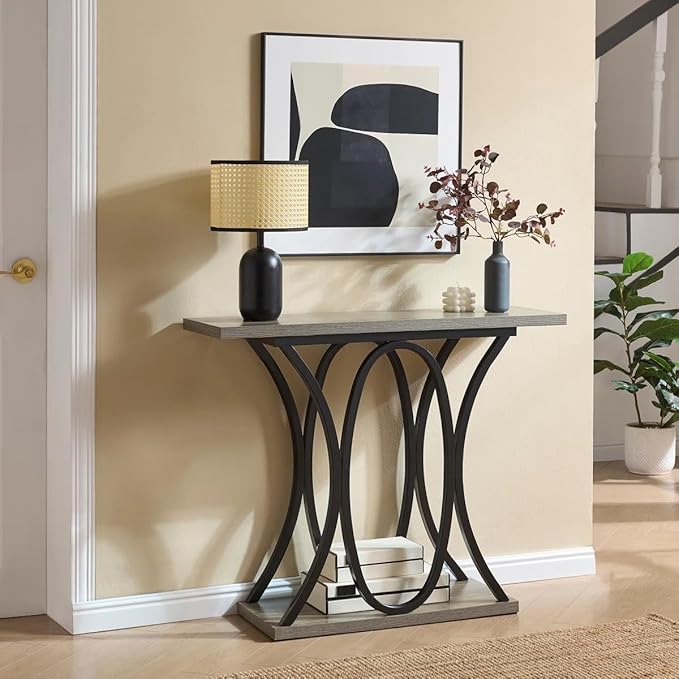 BedsPick Entryway Console Table, 40 Inch Narrow Wood Hallway Table Foyer Table Behind Couch, Sofa Table with Metal Legs and 1.18 Thick Board (Grey)
