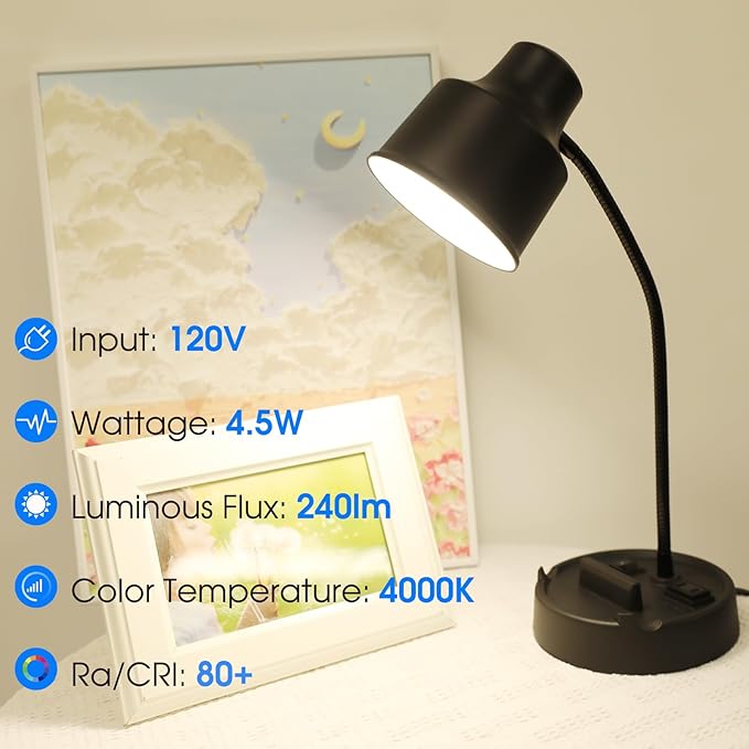 Energetic LED Desk Lamp with Phone Holder, Table Lamp with AC Outlet, Adjustable Flexible Gooseneck, 4000K, Eye-Care Reading Light for Bedroom, Study, Computer Desk, Living Room, Home Office, Black