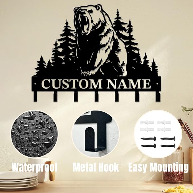 Personalized Custom Name Bear Key Wall Hooks,Metal Bear Keys Clothes Hooks,Metal Bear Wall Home Storage Decorative,For Front Door, Hallway, Kitchen, Bedroom,Keys,Hats (Style M)