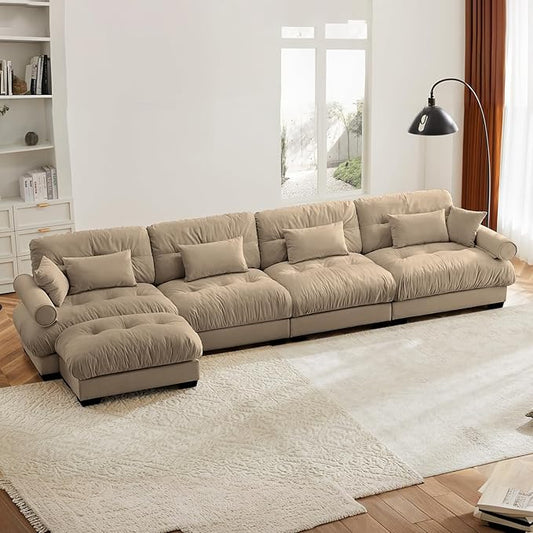 166" Oversized Couch, 4 Seater Sectional Couches for Living Room, Camel Velvet Large L Shaped Fluffy Modular Couch Set with Ottoman