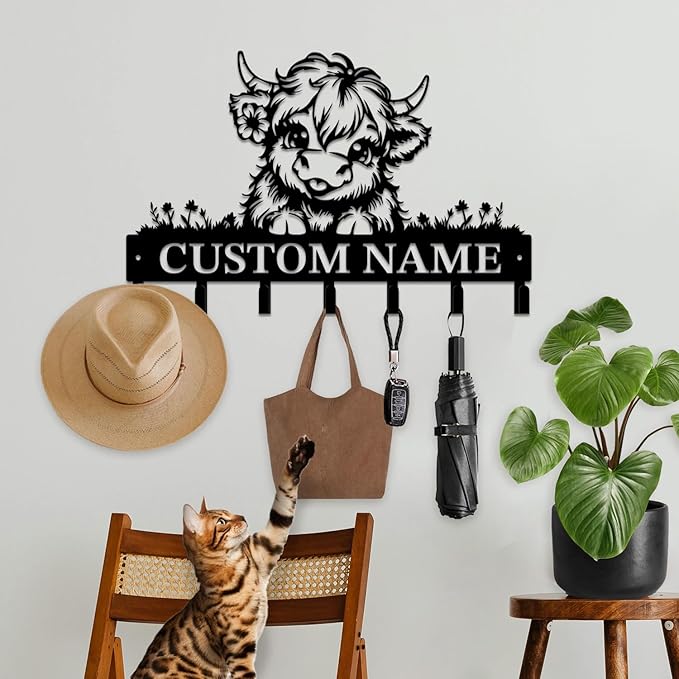Personalized Highland Cow Metal Keys Hooks,Custom Name Metal Highland Cow Keys Hooks,Black Metal Highland Cow Wall Home Storage Decorative Keys Hooks,Key Holder Hooks for Wall (Style A)