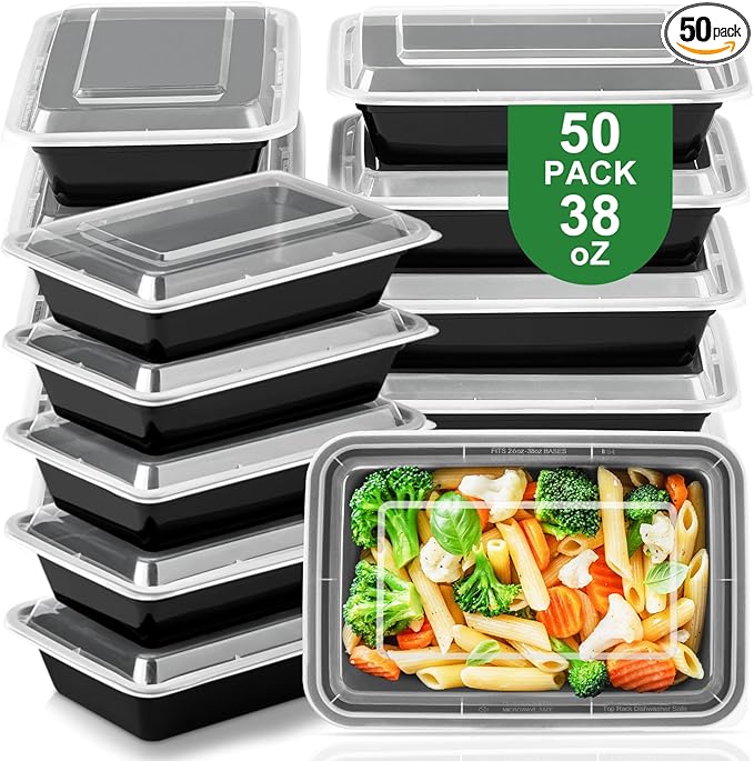 50 Pack Meal Prep Containers with Lids 38oz - BPA-Free, Reusable, Leakproof Food Storage Containers - Microwave/Dishwasher/Freezer Safe, To Go Take Out Plastic Food Storage Pans(Black)