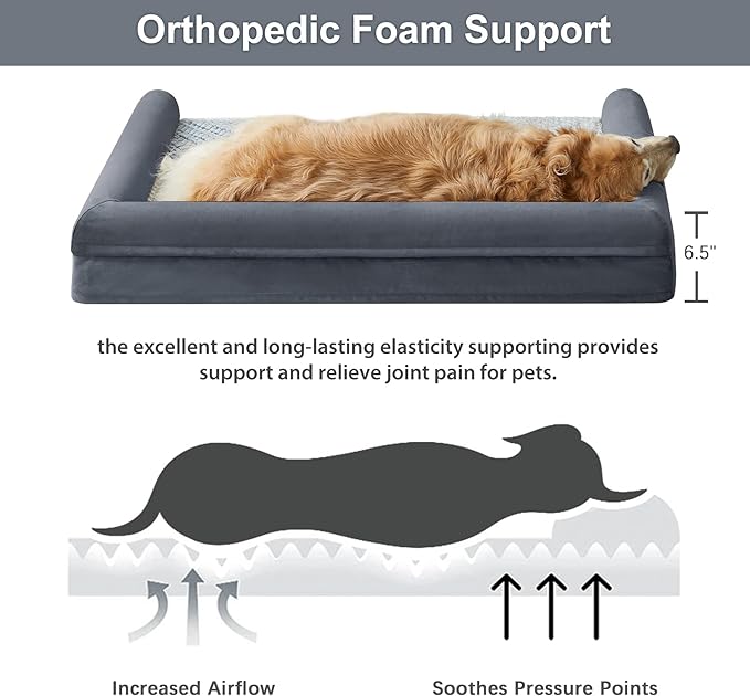 WNPETHOME Orthopedic Dog Beds for Large Dogs, Waterproof Memory Foam Large Dog Bed with Sides, Non-Slip Bottom and Egg-Crate Foam Big Pet Couch Bed with Washable Removable Cover,