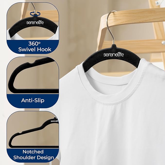 SereneLife 200 Pack Velvet Hangers - Non-Slip Felt Hangers with 360° Swivel Hook, Space-Saving, Ultra-Thin, Lightweight for Shirts, Sweaters, Hoodies, Kids Clothes & Dresses