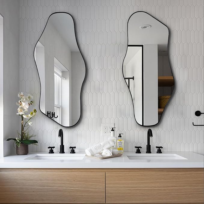 Irregular Wall Mirror, Asymmetrical Mirrors with Metal Frame, 40"x18" Cloud Shaped Mirror Decorative, Modern Abstract Mirrors for Living Room Bathroom Bedroom Hallway Entryway Fireplace